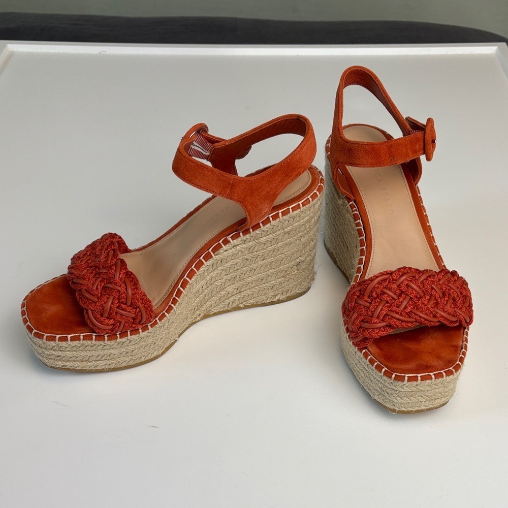 Veronica Beard‎ Size 39 (US 7.5-8) Rust Suede Braided Espadrille Wedge Sandals - Picture 2 of 9